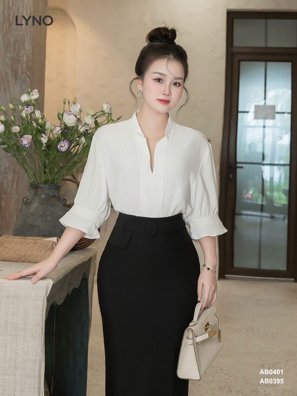 ÁO SƠ MI CỔ V TAY BÈO AB0401 Trắng