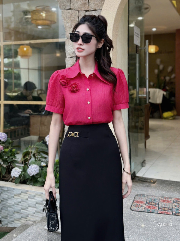 ÁO SƠ MI NGẮN TAY ĐÍNH HOA AL0960 Hồng