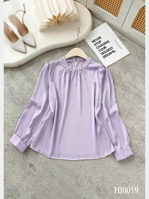 ÁO SƠ MI TAY DÀI CỔ TRÒN ĐÍNH HOA HI0019 Tím