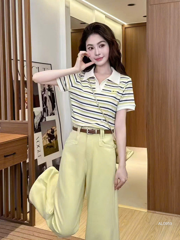 ÁO THUN SỌC NGANG CÓ CỔ AL0959 Vàng Nhạt