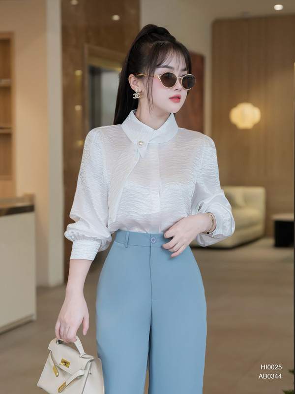 ÁO SƠ MI LỤA CỔ NƠ CÁCH ĐIỆU HI0025 Trắng