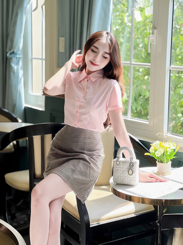 ÁO SƠ MI CHIẾT EO TAY NGẮN AB0483 Hồng