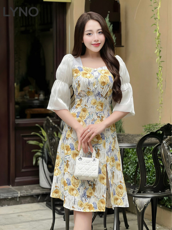 Đầm Tay Phồng Họa Tiết Vàng Xanh AB0257
